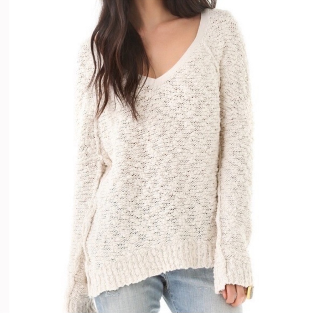 Free People V Neck Songbird Textural Boucle Sweater Cream Off White Size S
